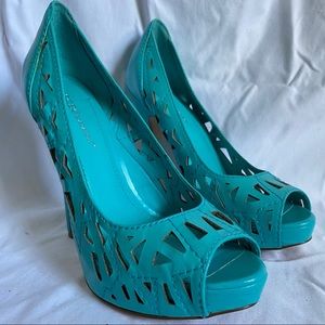 BCBG Teal Cutout Peep-Toe Heels